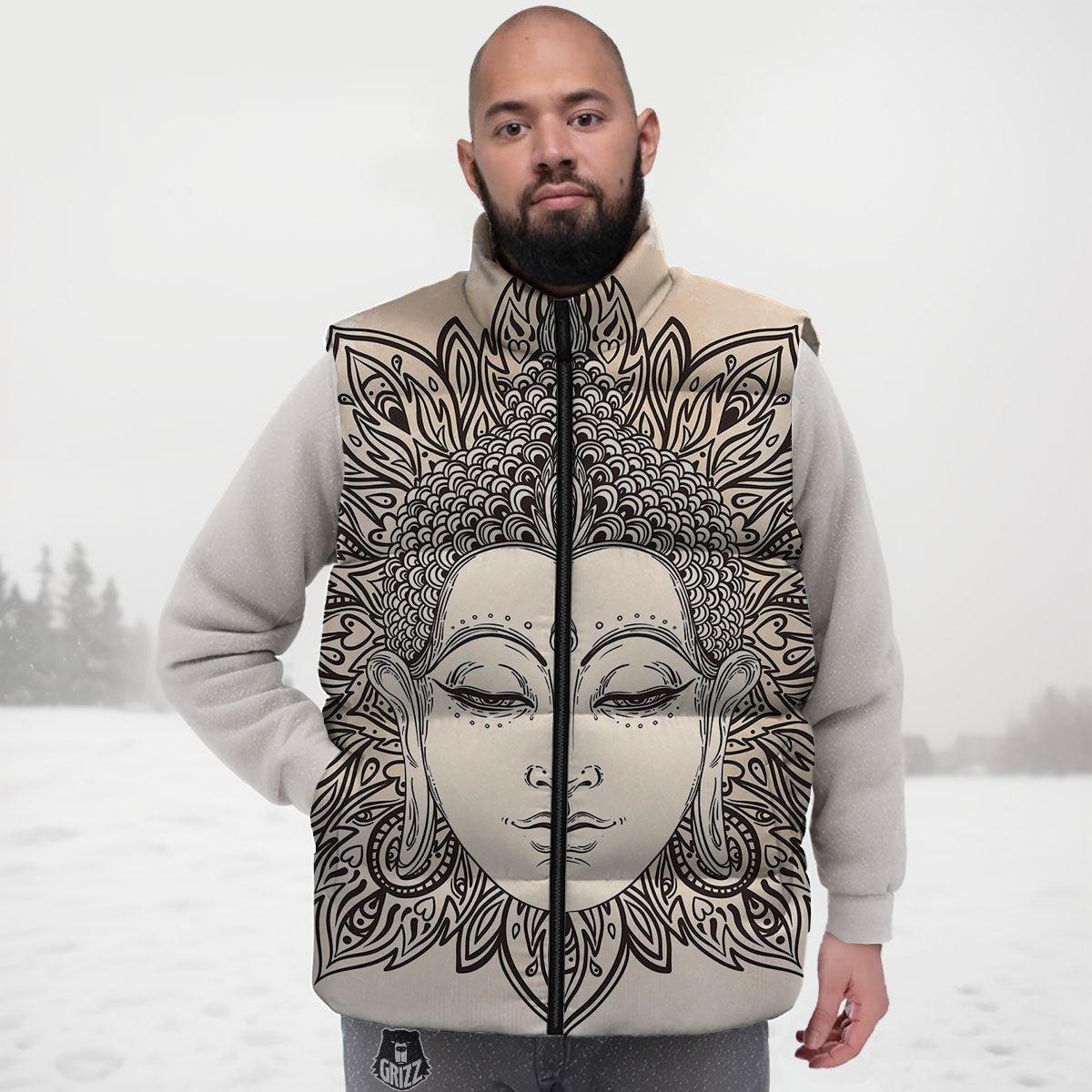 Mandala Buddha Beige Print Down Vest