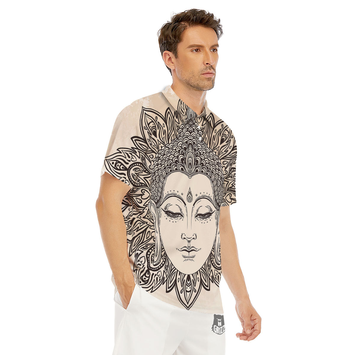Mandala Buddha Beige Print Men's Golf Shirts-grizzshop