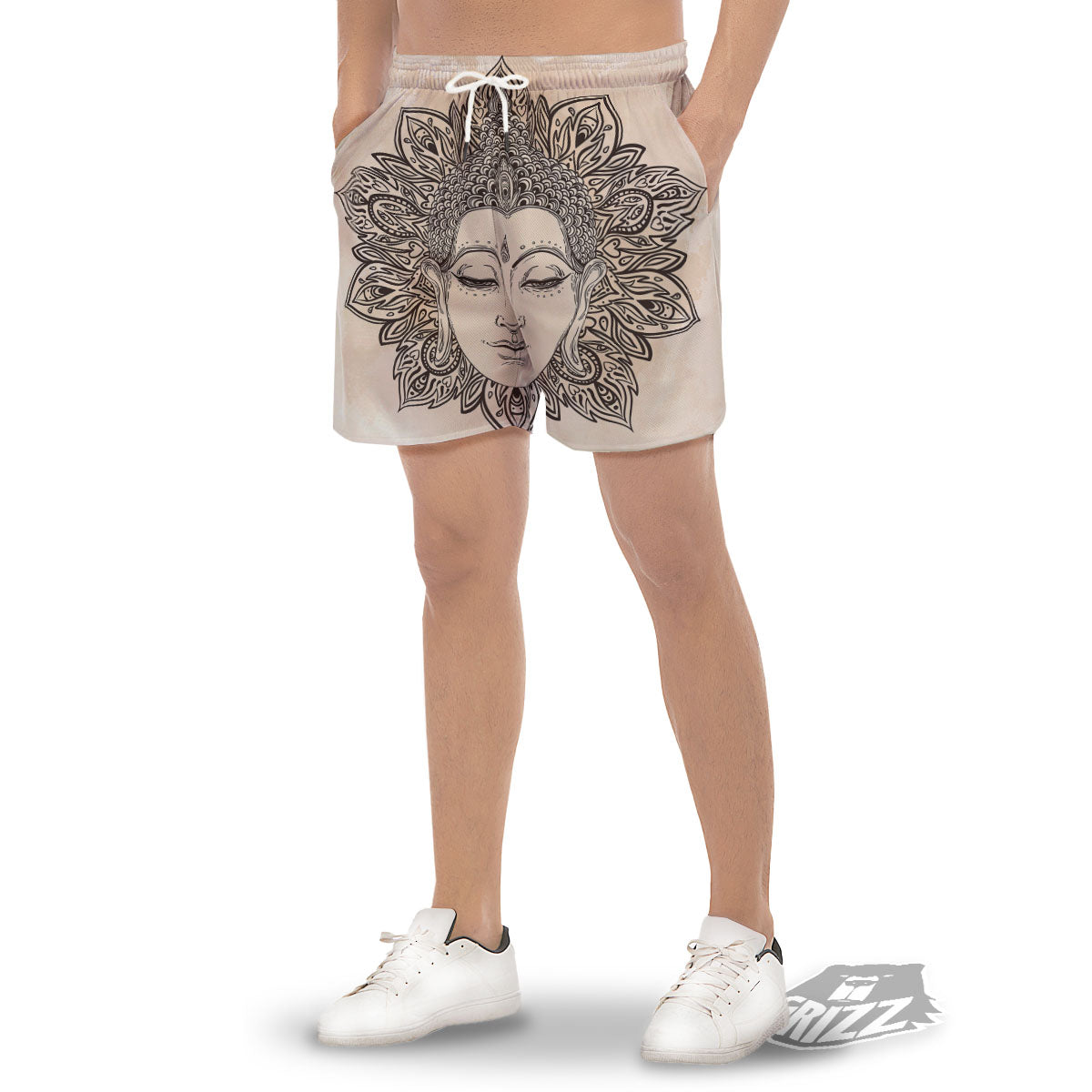 Mandala Buddha Beige Print Men's Gym Shorts-grizzshop