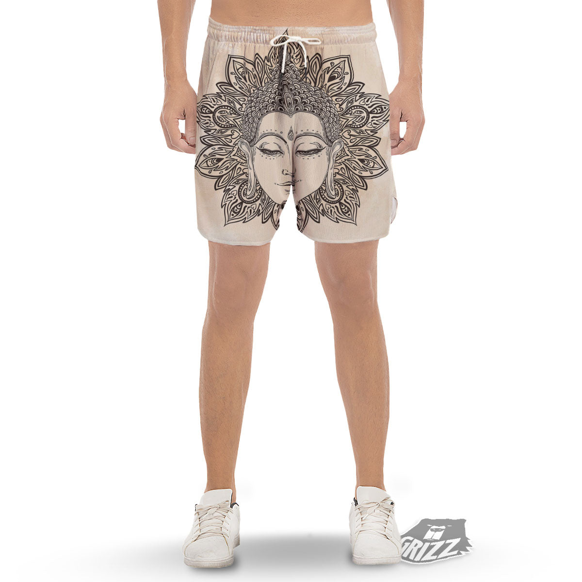 Mandala Buddha Beige Print Men's Gym Shorts-grizzshop