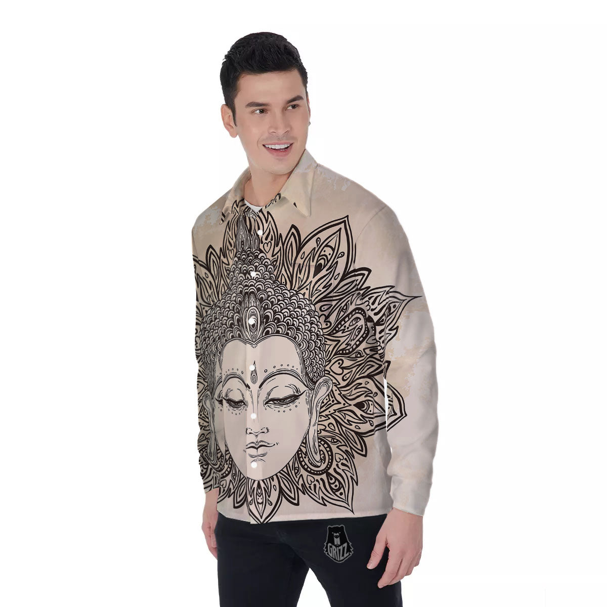 Mandala Buddha Beige Print Men's Long Sleeve Shirts-grizzshop