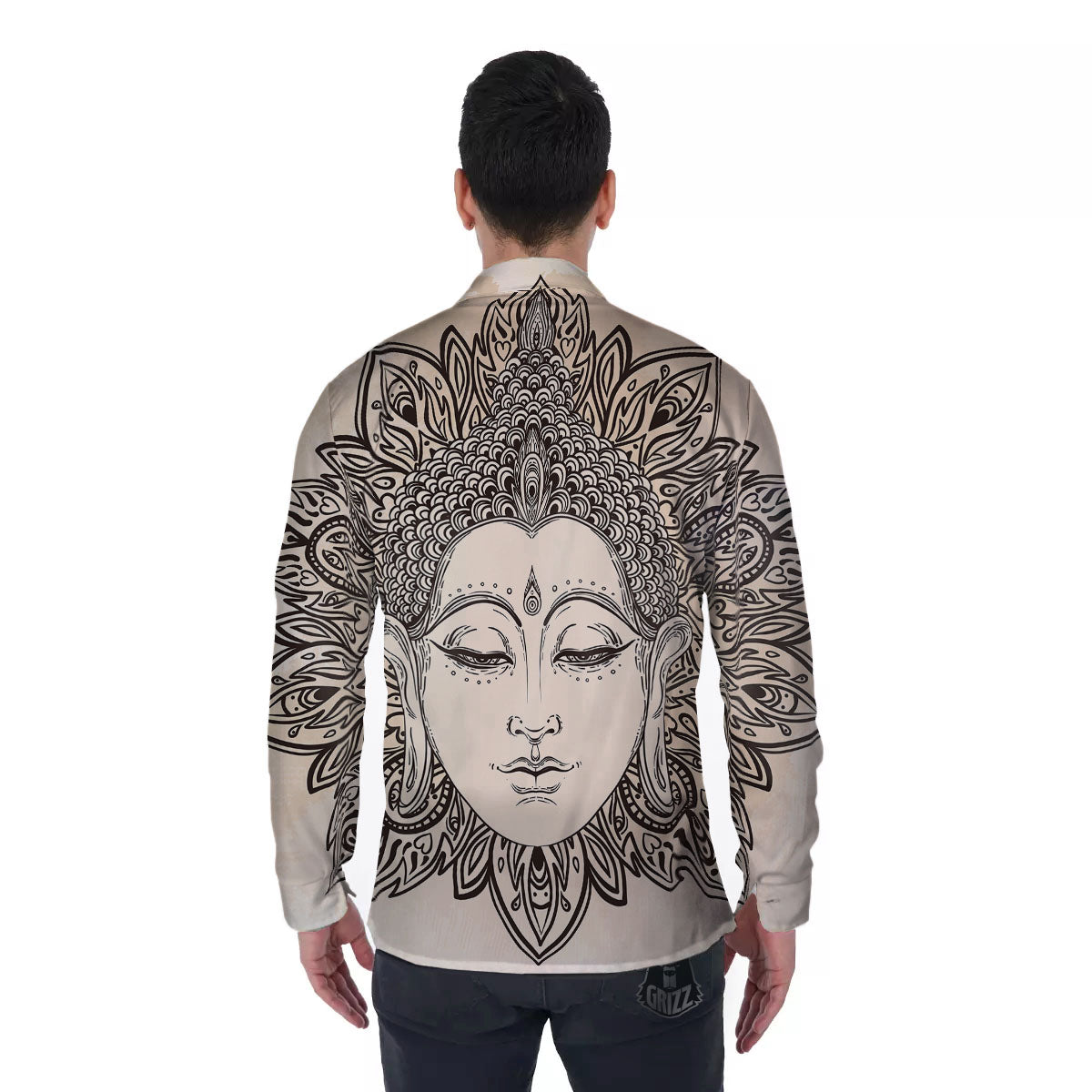 Mandala Buddha Beige Print Men's Long Sleeve Shirts-grizzshop