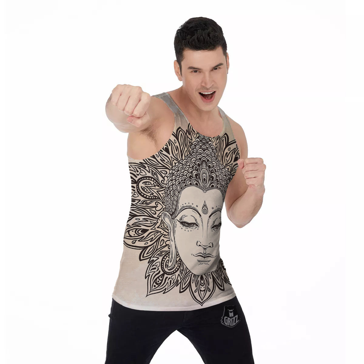 Mandala Buddha Beige Print Men's Tank Top-grizzshop