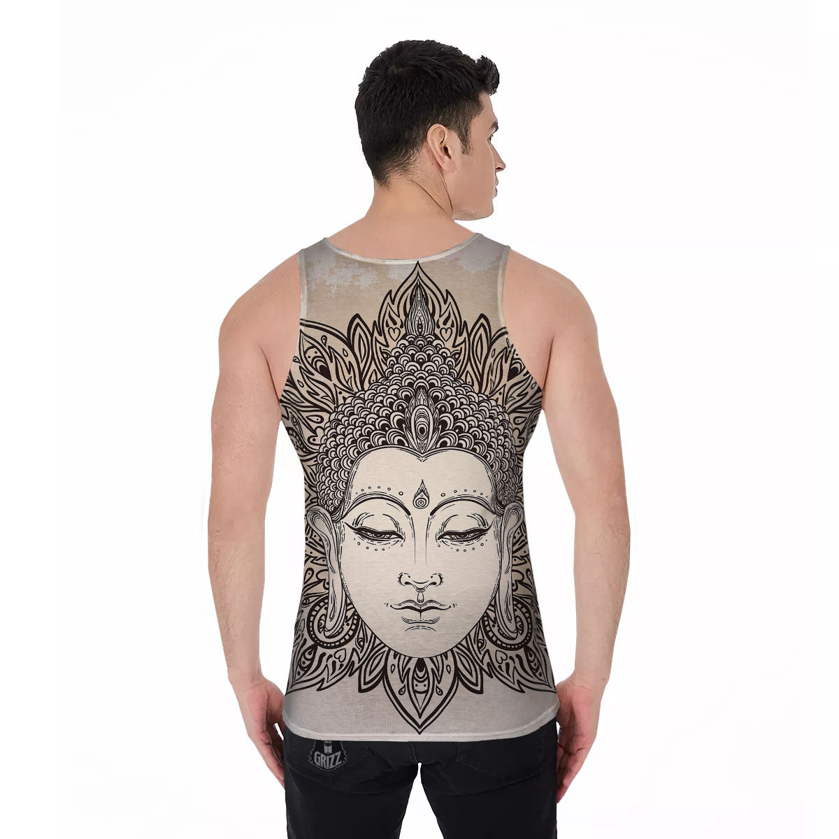 Mandala Buddha Beige Print Men's Tank Top-grizzshop