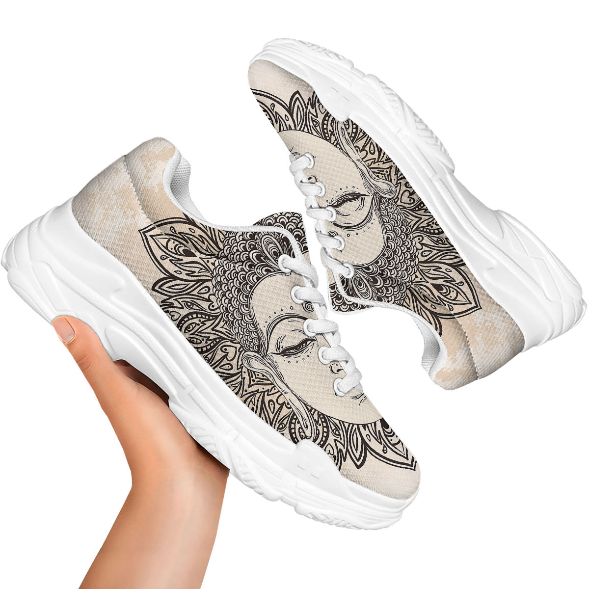 Mandala Buddha Beige Print White Chunky Shoes-grizzshop