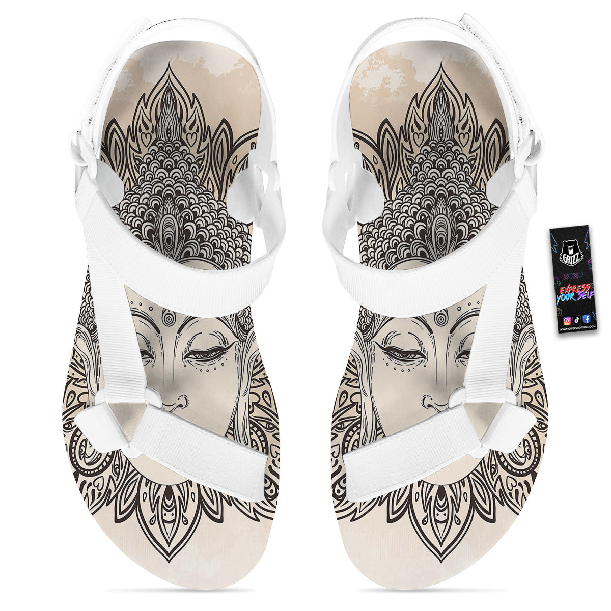 Mandala Buddha Beige Print White Open Toe Sandals-grizzshop