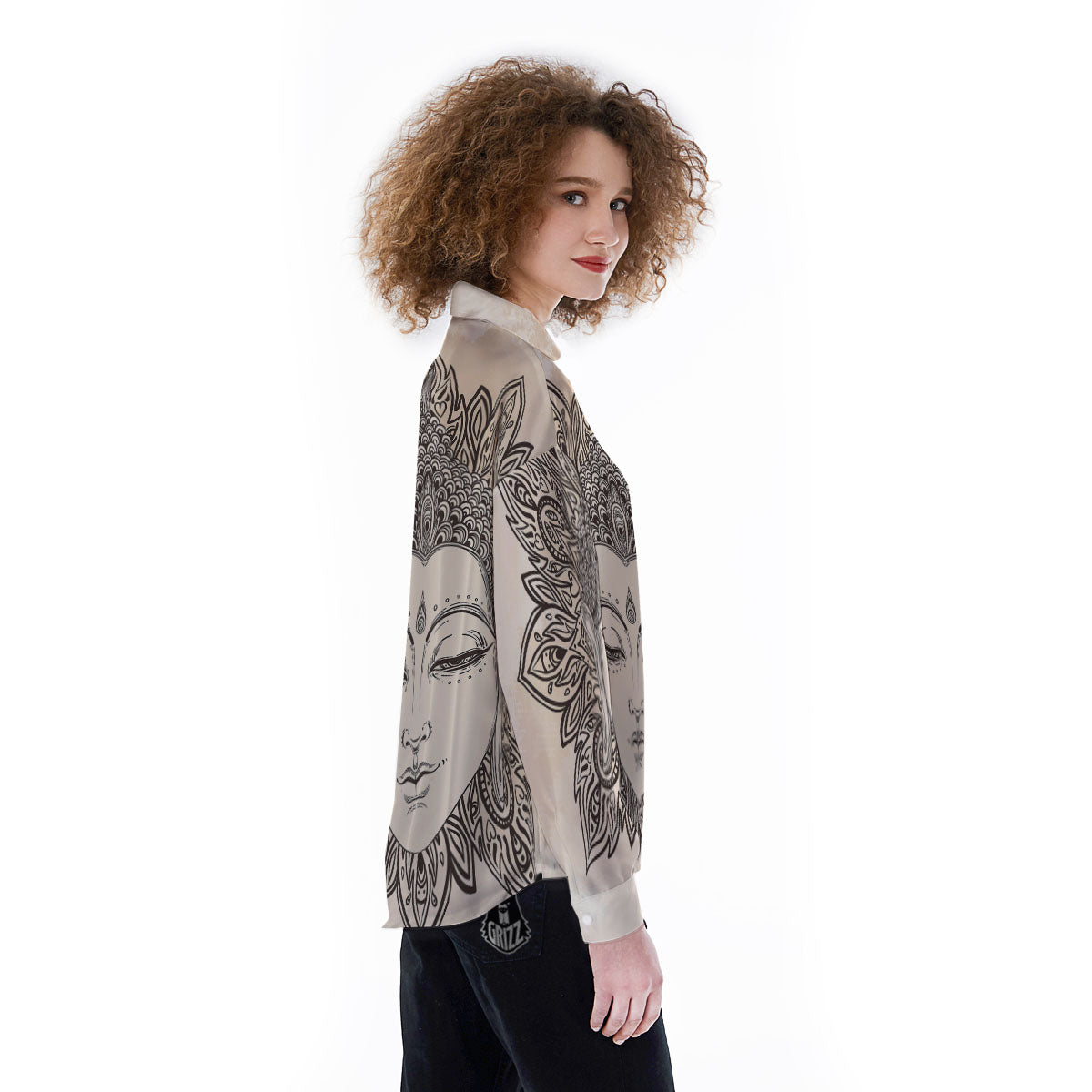 Mandala Buddha Beige Print Women's Long Sleeve Shirts-grizzshop