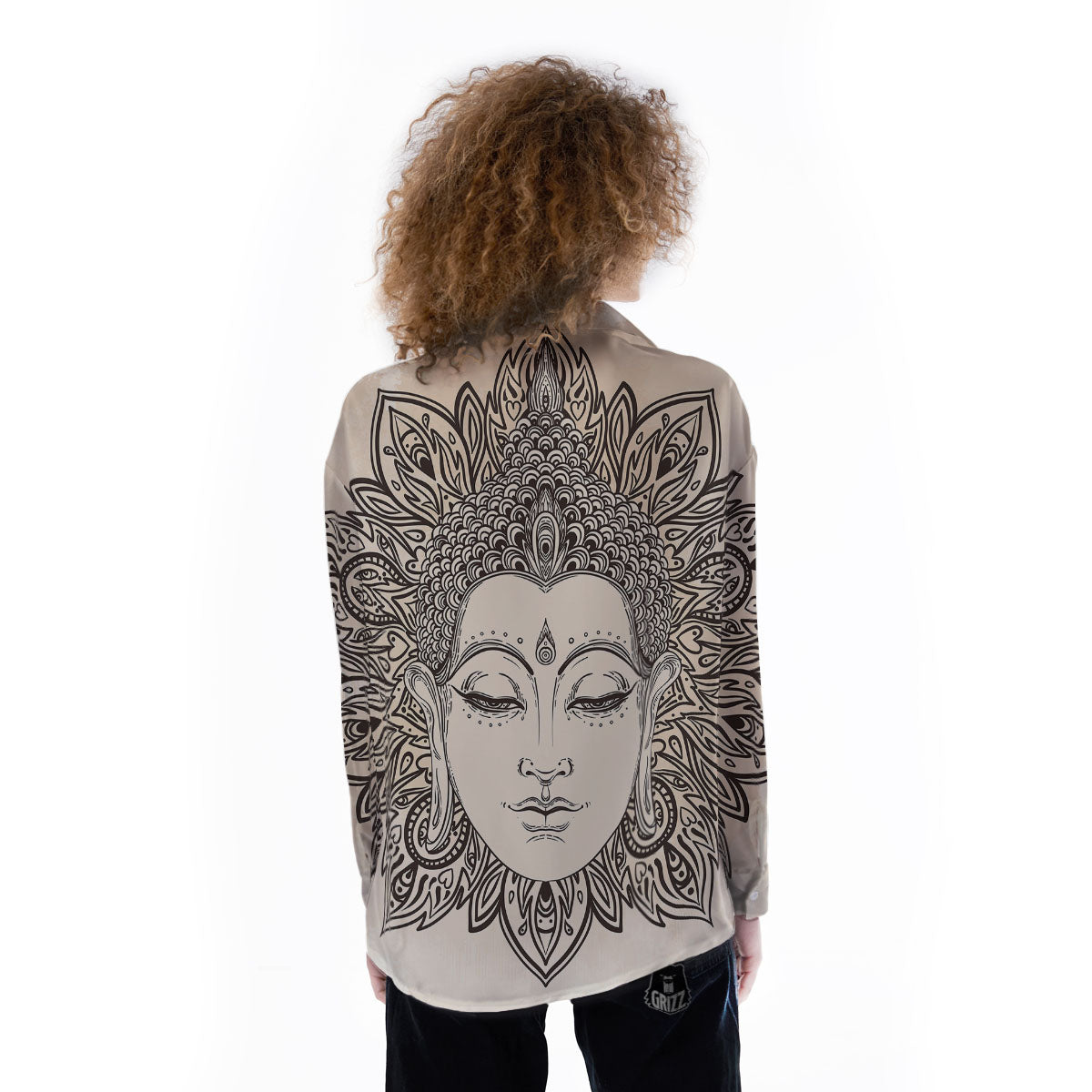 Mandala Buddha Beige Print Women's Long Sleeve Shirts-grizzshop