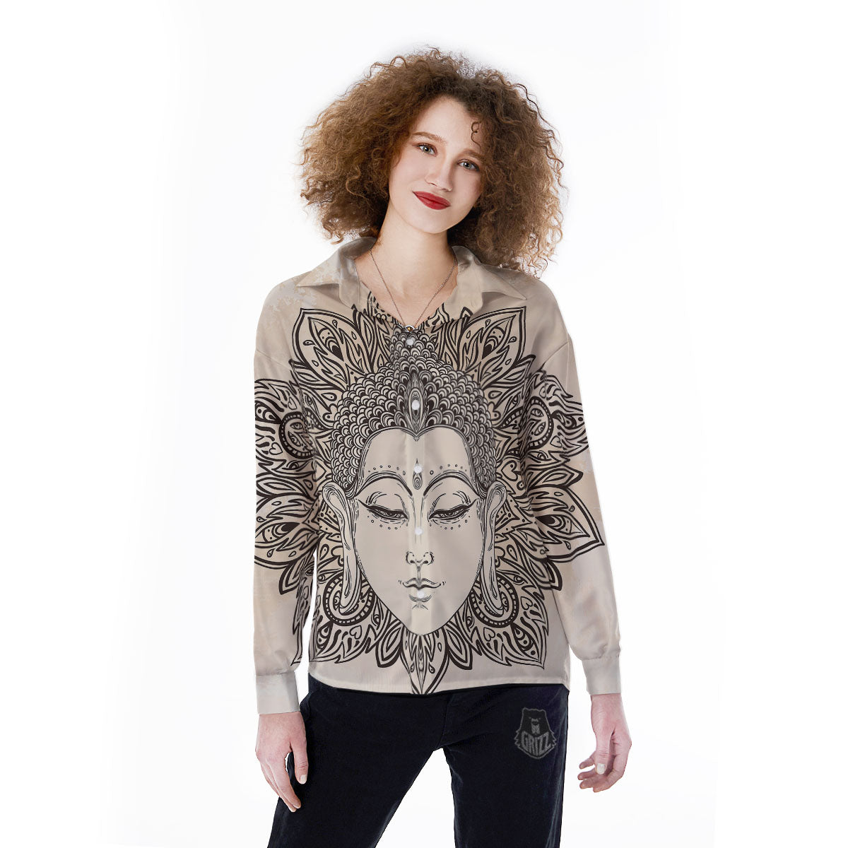 Mandala Buddha Beige Print Women's Long Sleeve Shirts-grizzshop