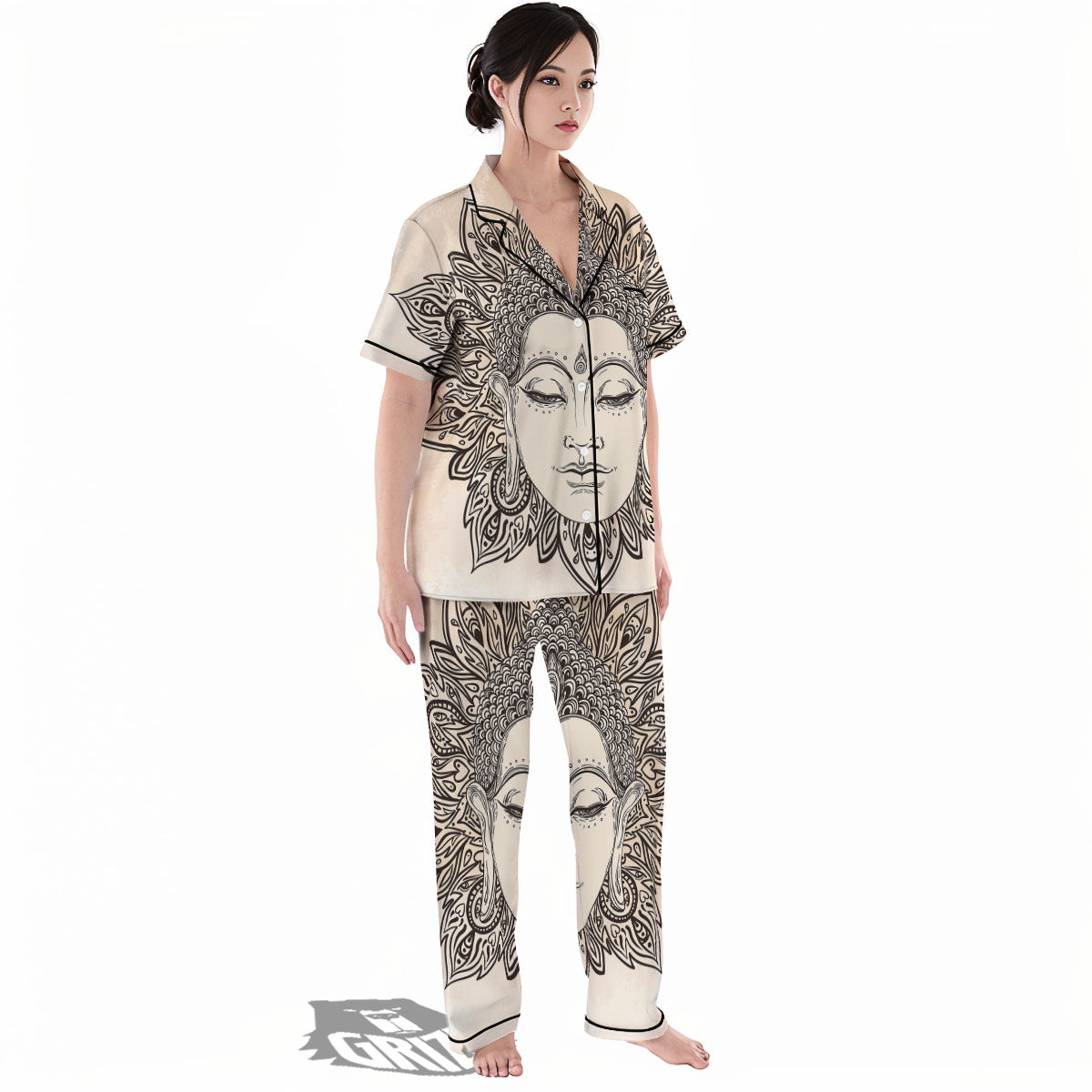 Mandala Buddha Beige Print Women's Pajamas Set-grizzshop