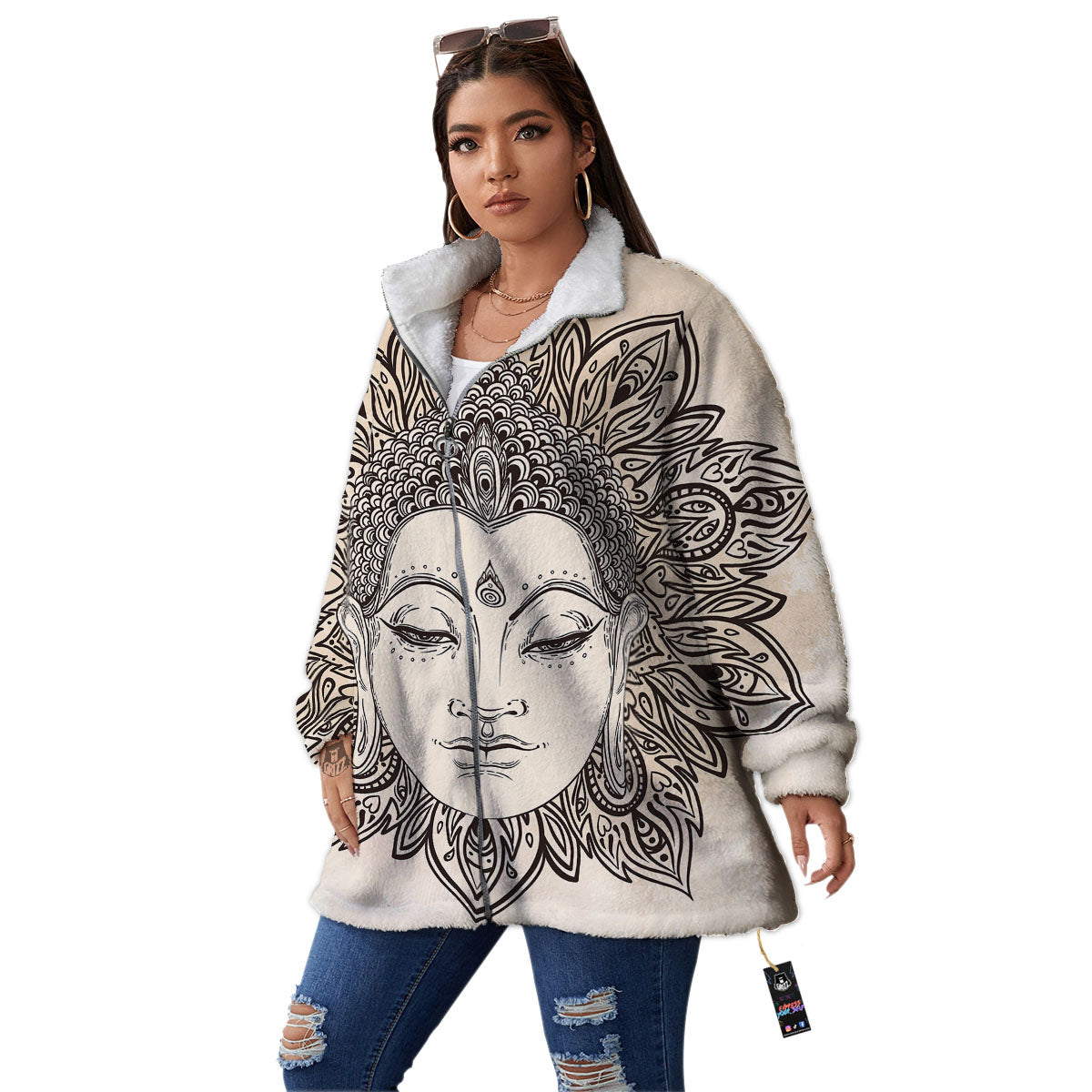 Mandala Buddha Beige Print Women's Sherpa Jacket-grizzshop
