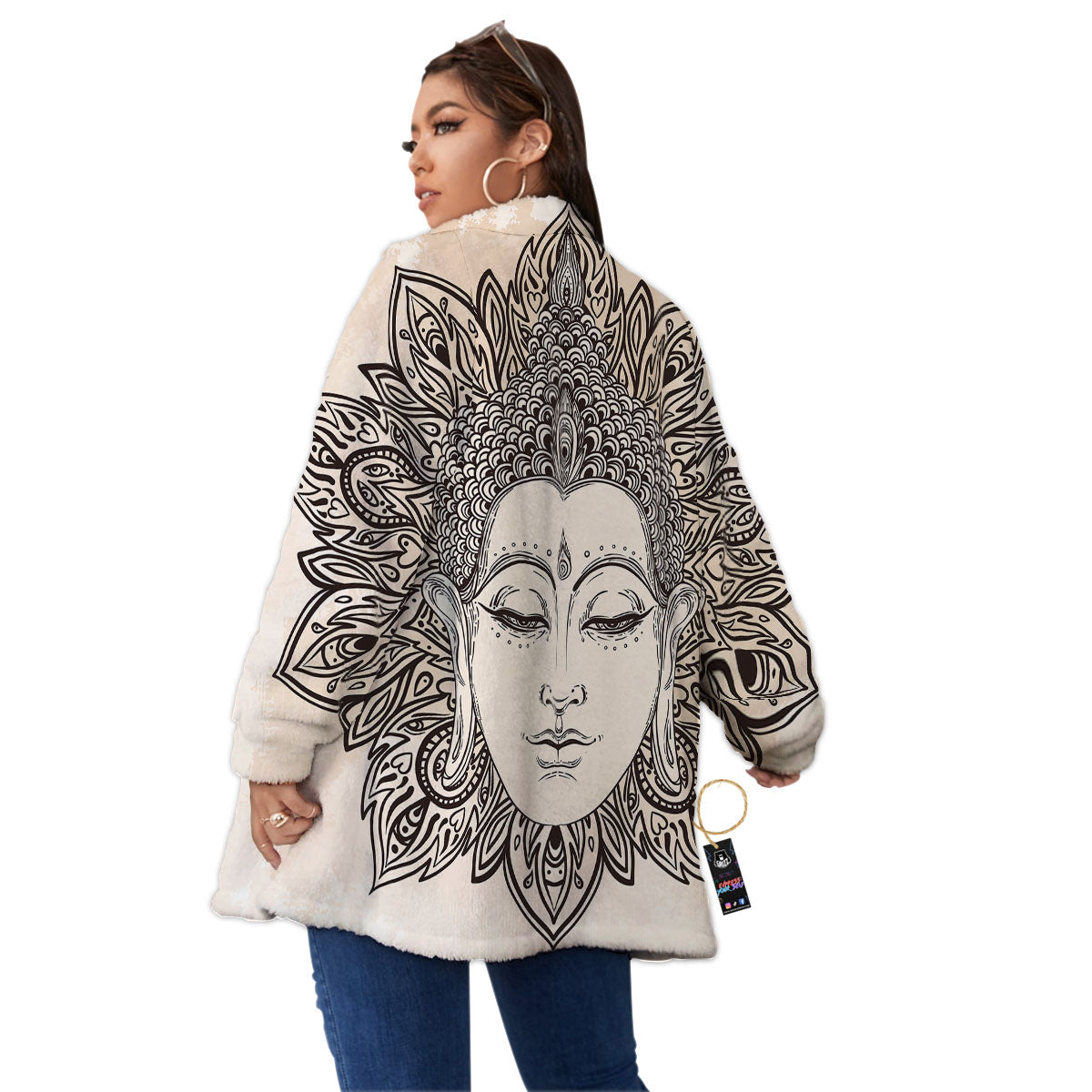Mandala Buddha Beige Print Women's Sherpa Jacket-grizzshop
