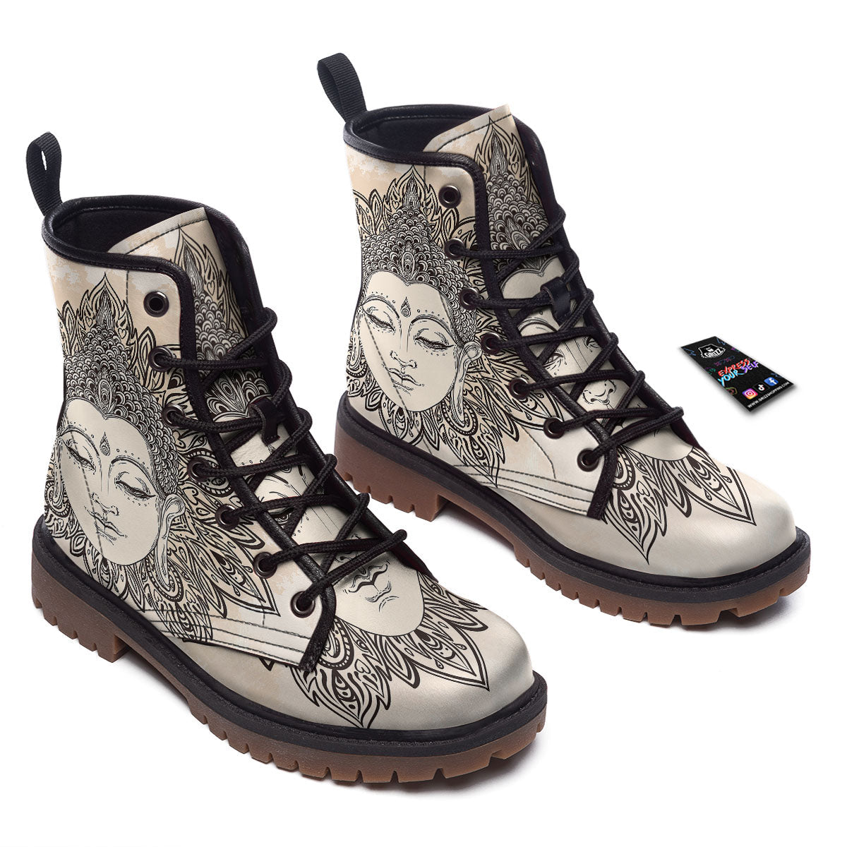 Mandala Buddha Beige Print Work Boots-grizzshop