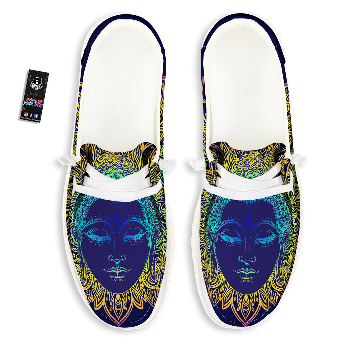 Mandala Buddha Colorful Print White Loafers-grizzshop