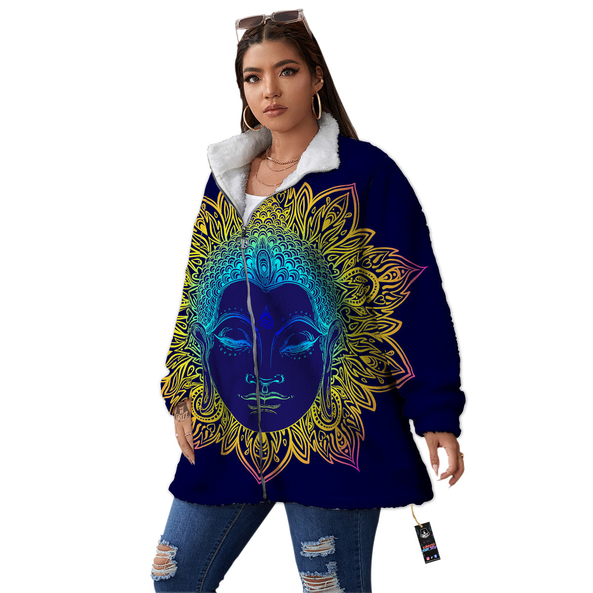 Mandala Buddha Colorful Print Women's Sherpa Jacket-grizzshop