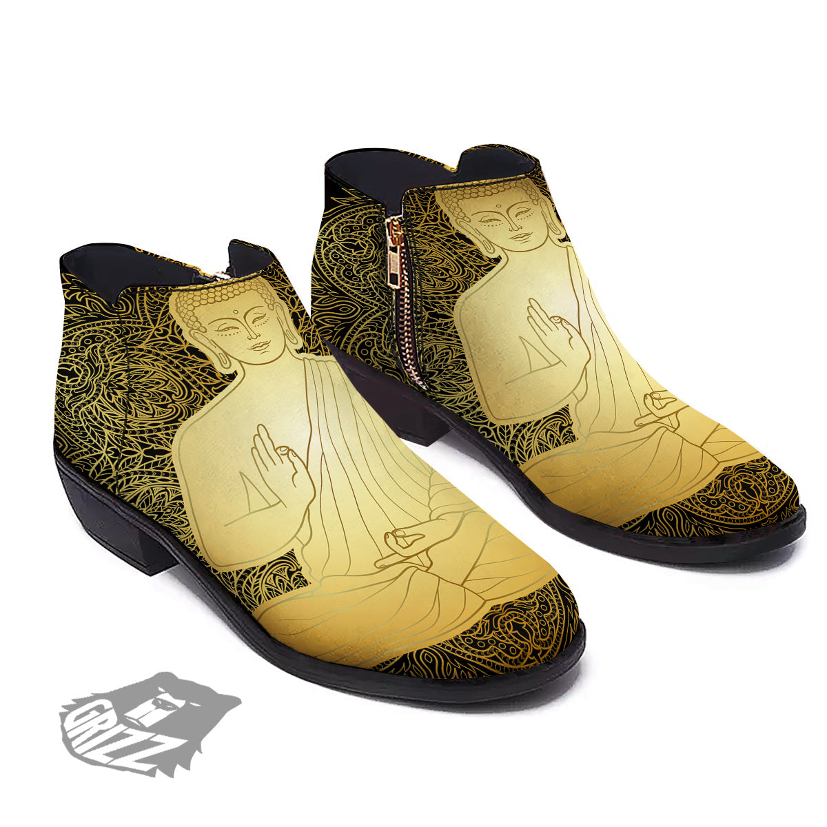 Mandala Buddha Statue Print Ankle Boots-grizzshop