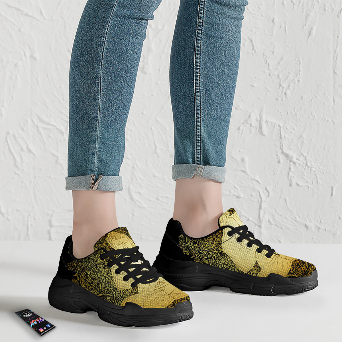 Mandala Buddha Statue Print Black Chunky Shoes-grizzshop