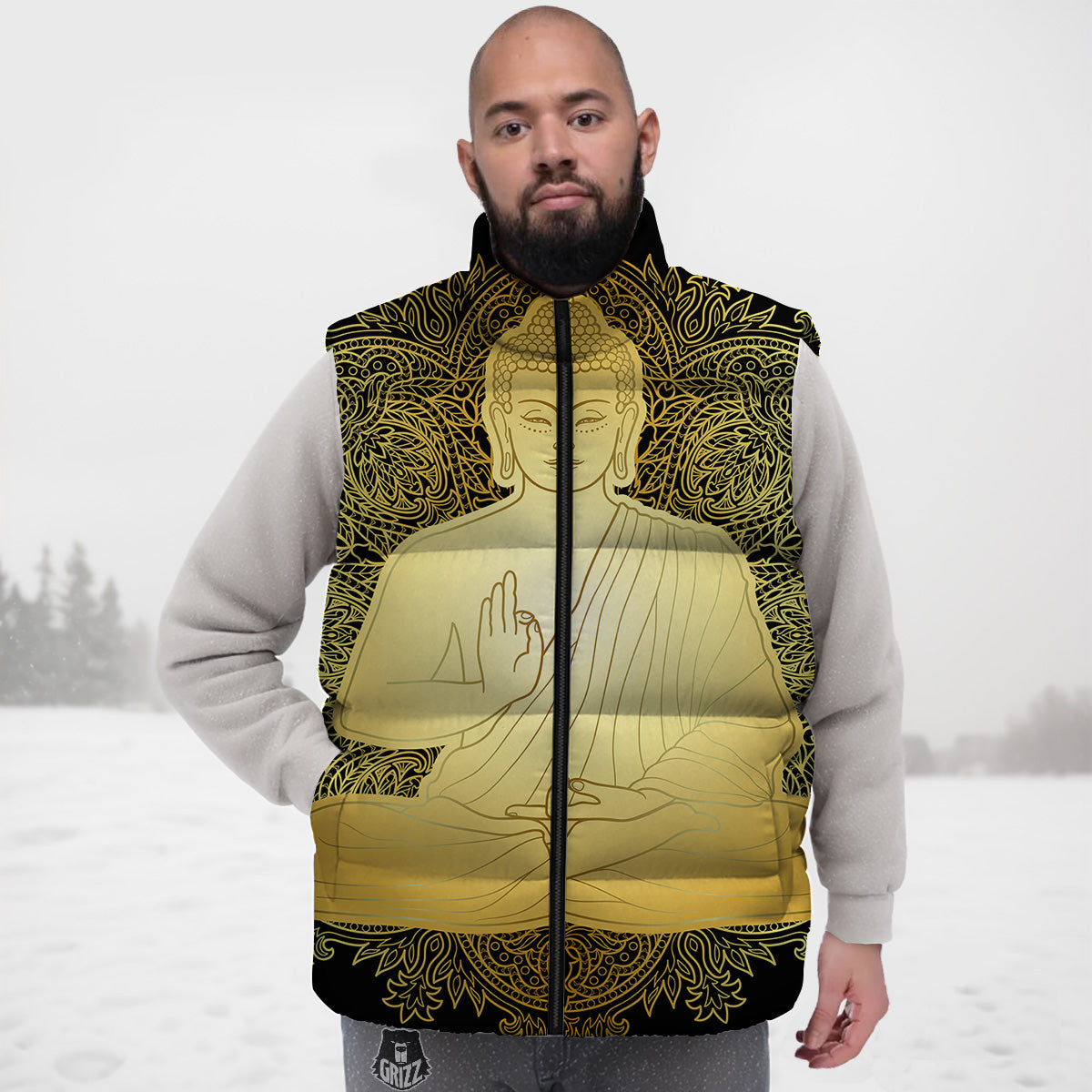 Mandala Buddha Statue Print Down Vest