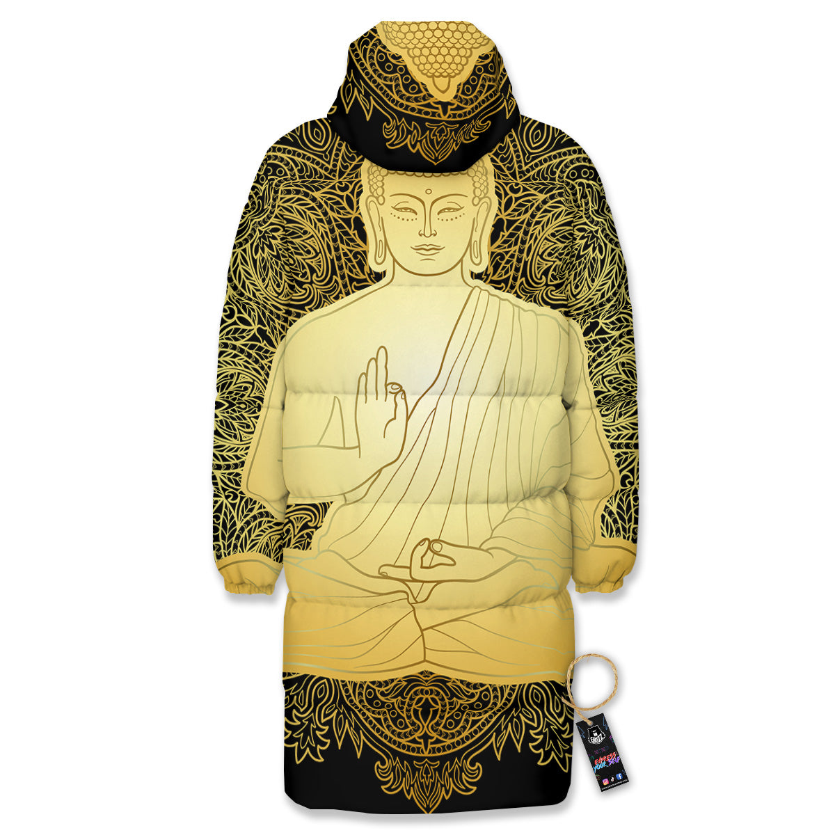 Mandala Buddha Statue Print Long Down Jacket-grizzshop