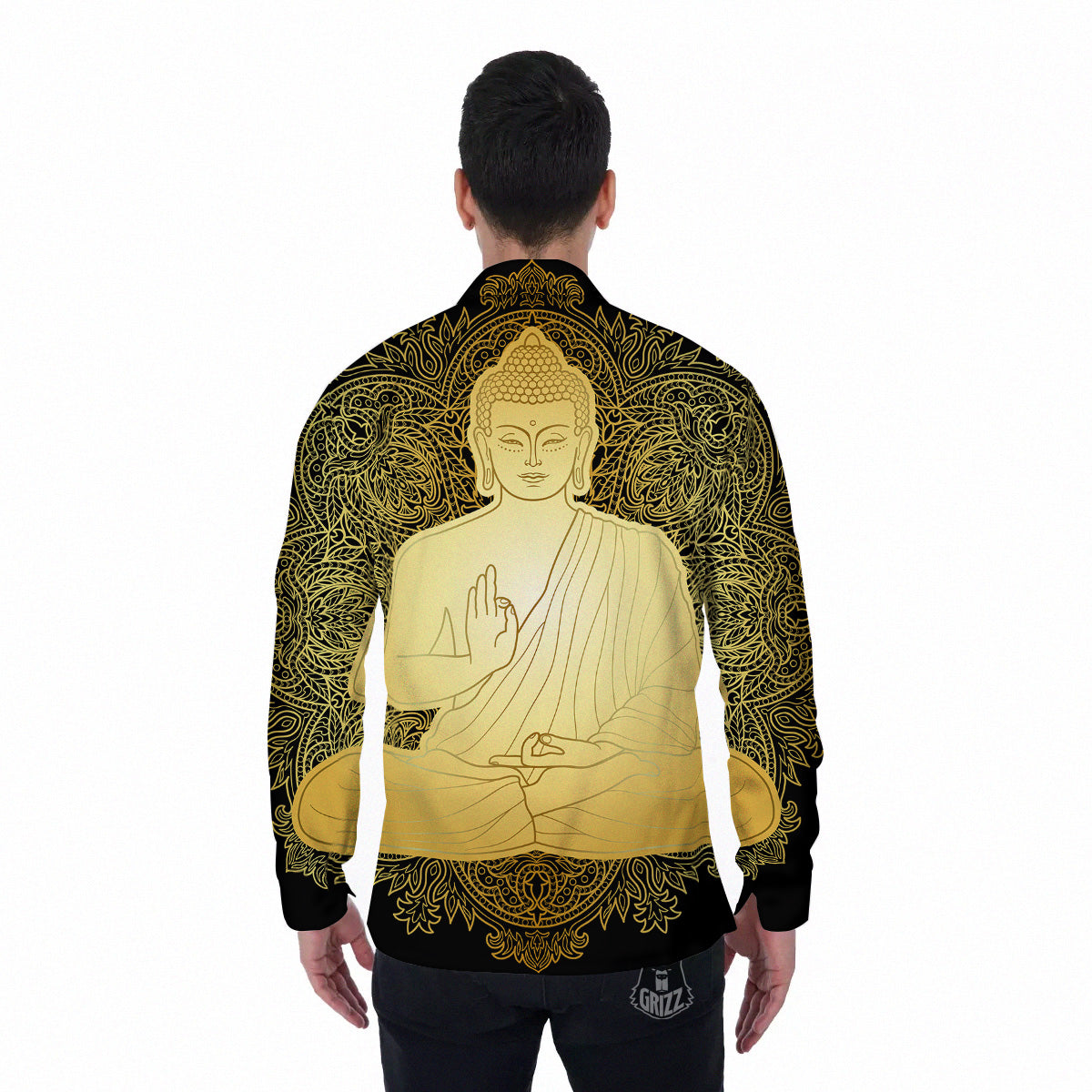 Mandala Buddha Statue Print Men's Long Sleeve Shirts-grizzshop