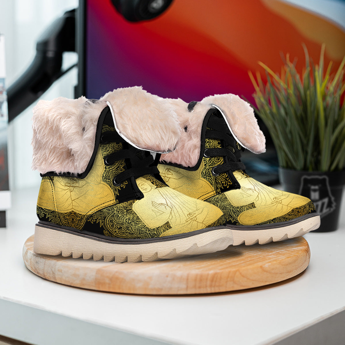 Mandala Buddha Statue Print Snow Boots-grizzshop