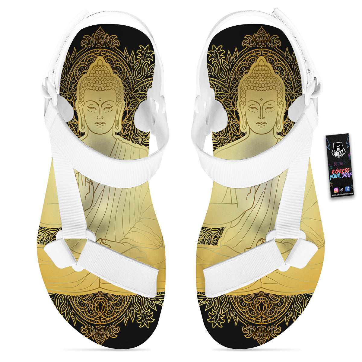 Mandala Buddha Statue Print White Open Toe Sandals-grizzshop