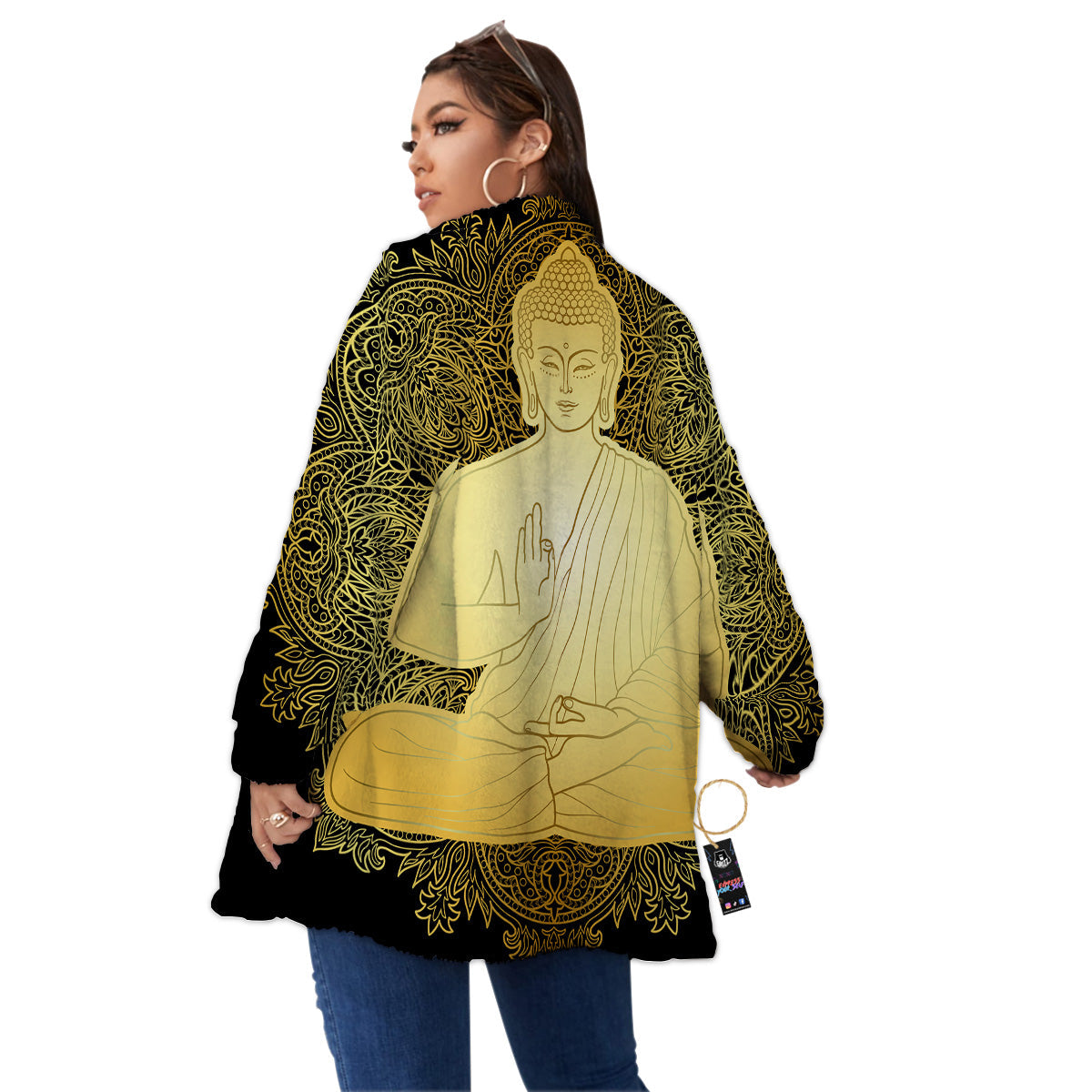 Mandala Buddha Statue Print Women's Sherpa Jacket-grizzshop