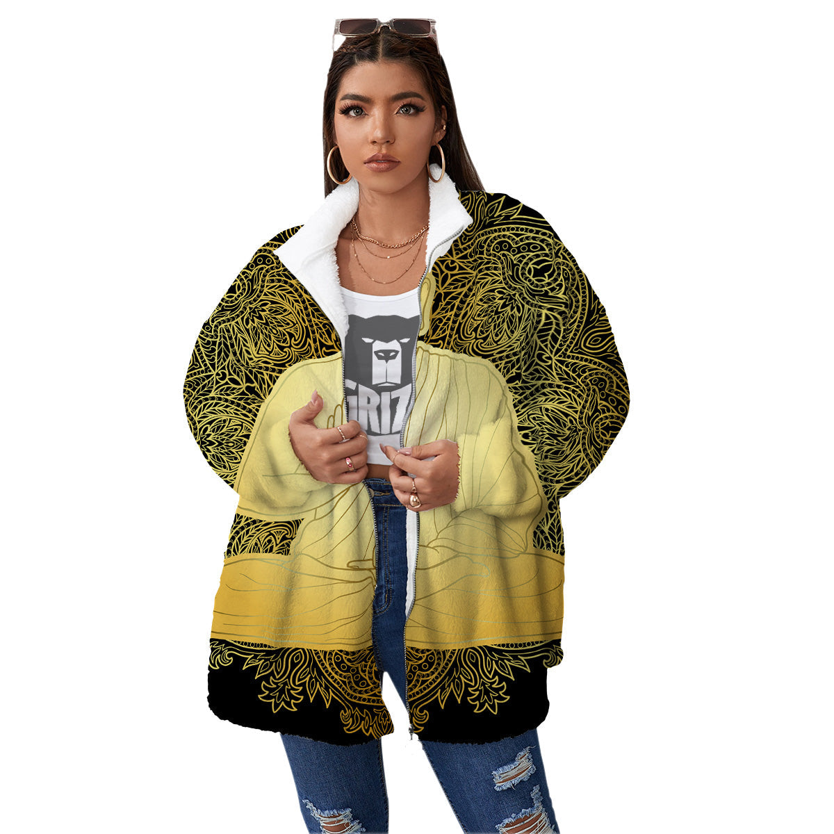 Mandala Buddha Statue Print Women's Sherpa Jacket-grizzshop