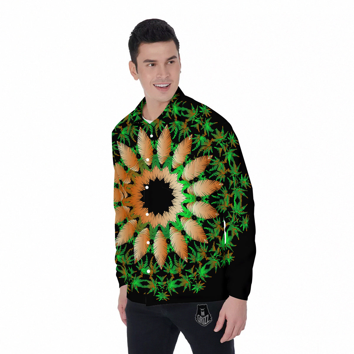 Mandala Cannabis Leaf Print Men's Long Sleeve Shirts-grizzshop
