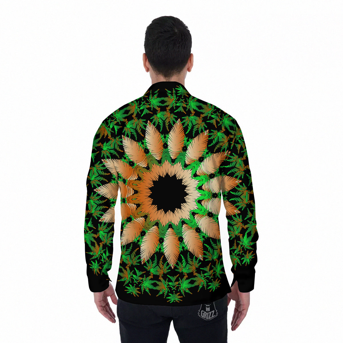 Mandala Cannabis Leaf Print Men's Long Sleeve Shirts-grizzshop