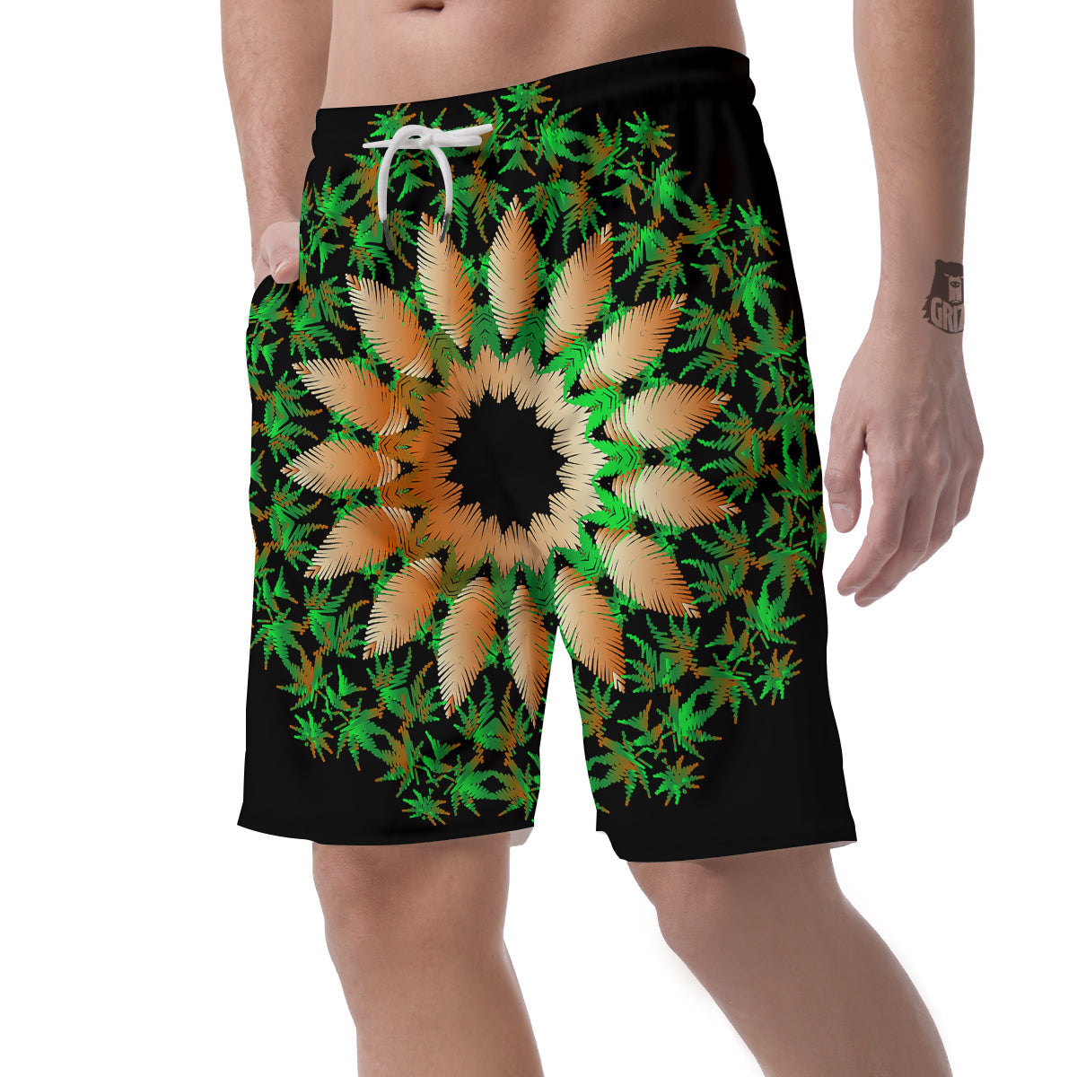 Mandala Cannabis Leaf Print Men's Shorts-grizzshop