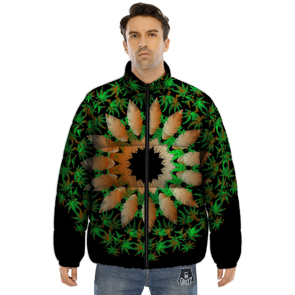Mandala Cannabis Leaf Print Puffer Jacket-grizzshop
