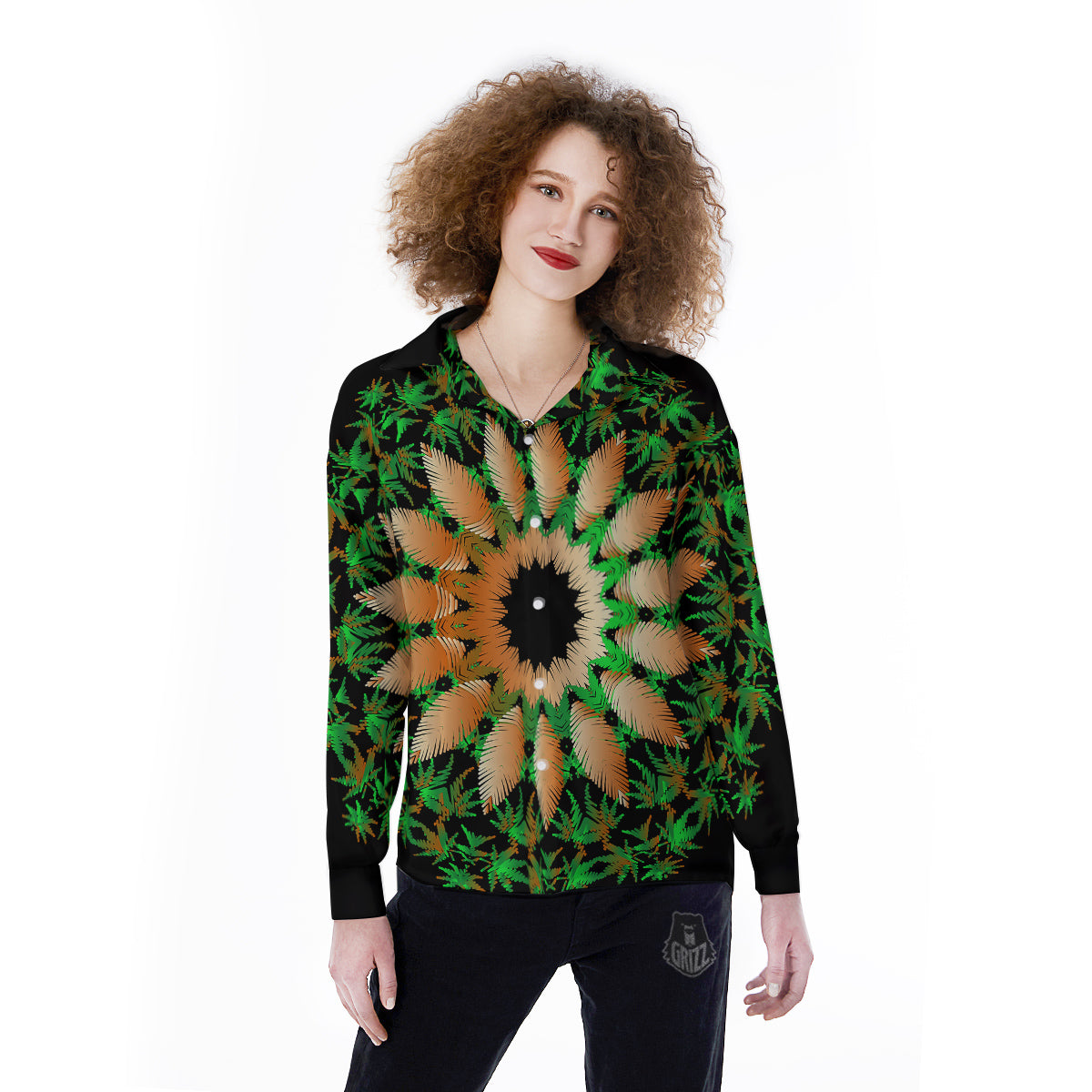 Mandala Cannabis Leaf Print Women's Long Sleeve Shirts-grizzshop