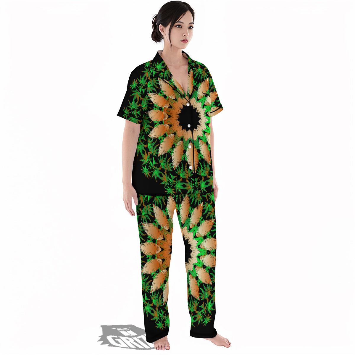 Mandala Cannabis Leaf Print Women's Pajamas Set-grizzshop