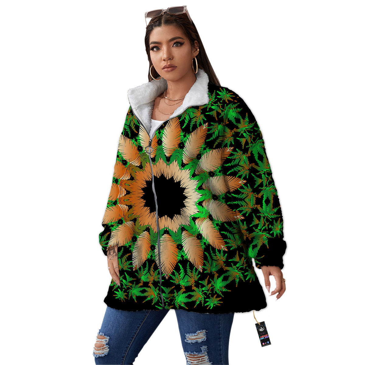 Mandala Cannabis Leaf Print Women's Sherpa Jacket-grizzshop