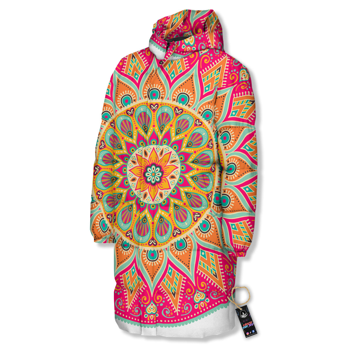 Mandala Circle Colorful Print Long Down Jacket-grizzshop