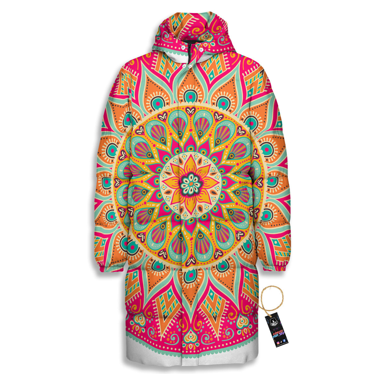 Mandala Circle Colorful Print Long Down Jacket-grizzshop