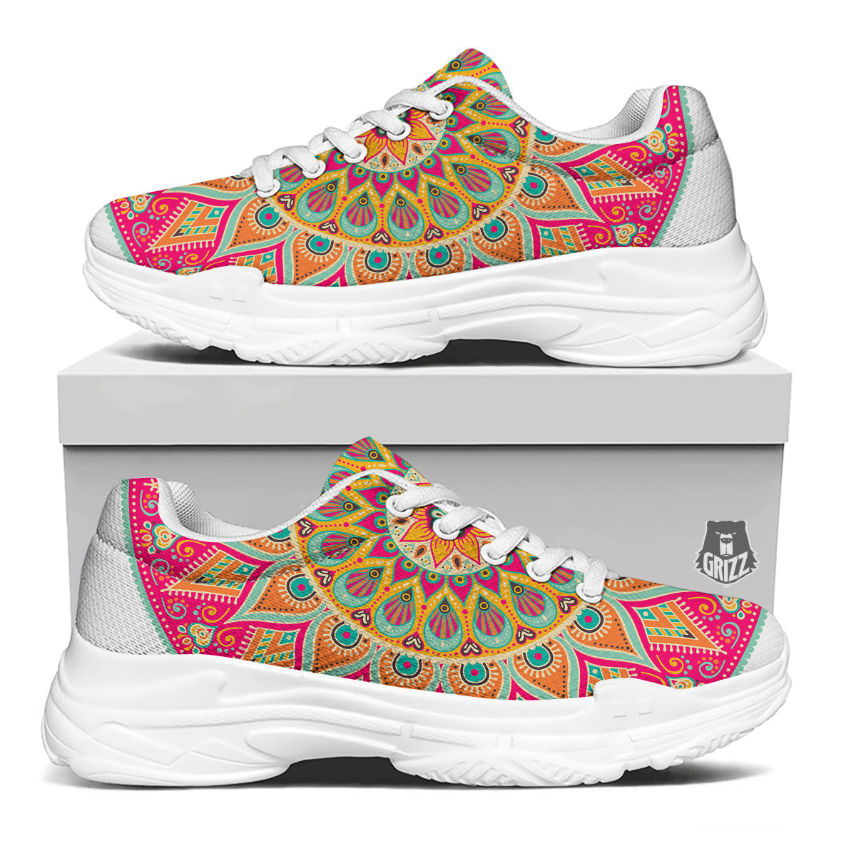 Mandala Circle Colorful Print White Chunky Shoes-grizzshop