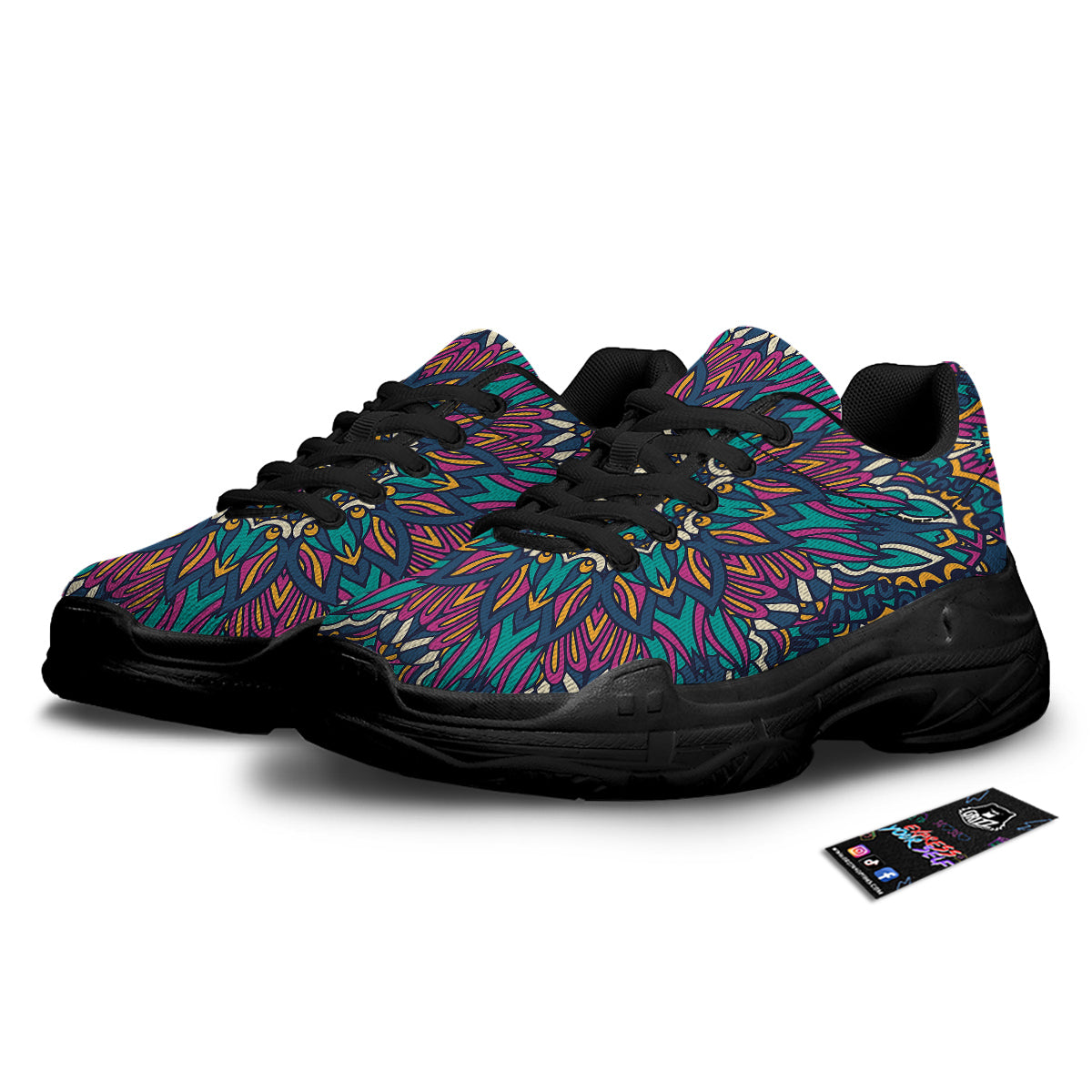 Mandala Coloful Print Black Chunky Shoes-grizzshop