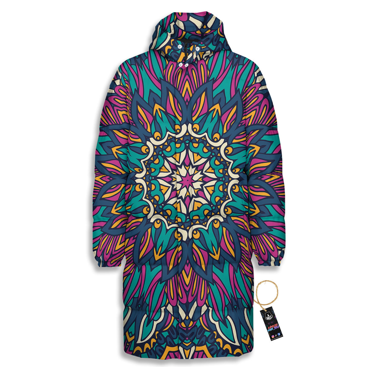 Mandala Coloful Print Long Down Jacket-grizzshop
