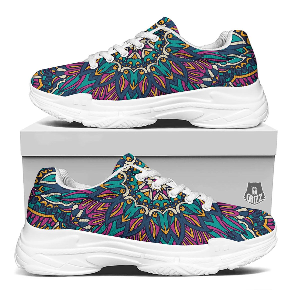 Mandala Coloful Print White Chunky Shoes-grizzshop