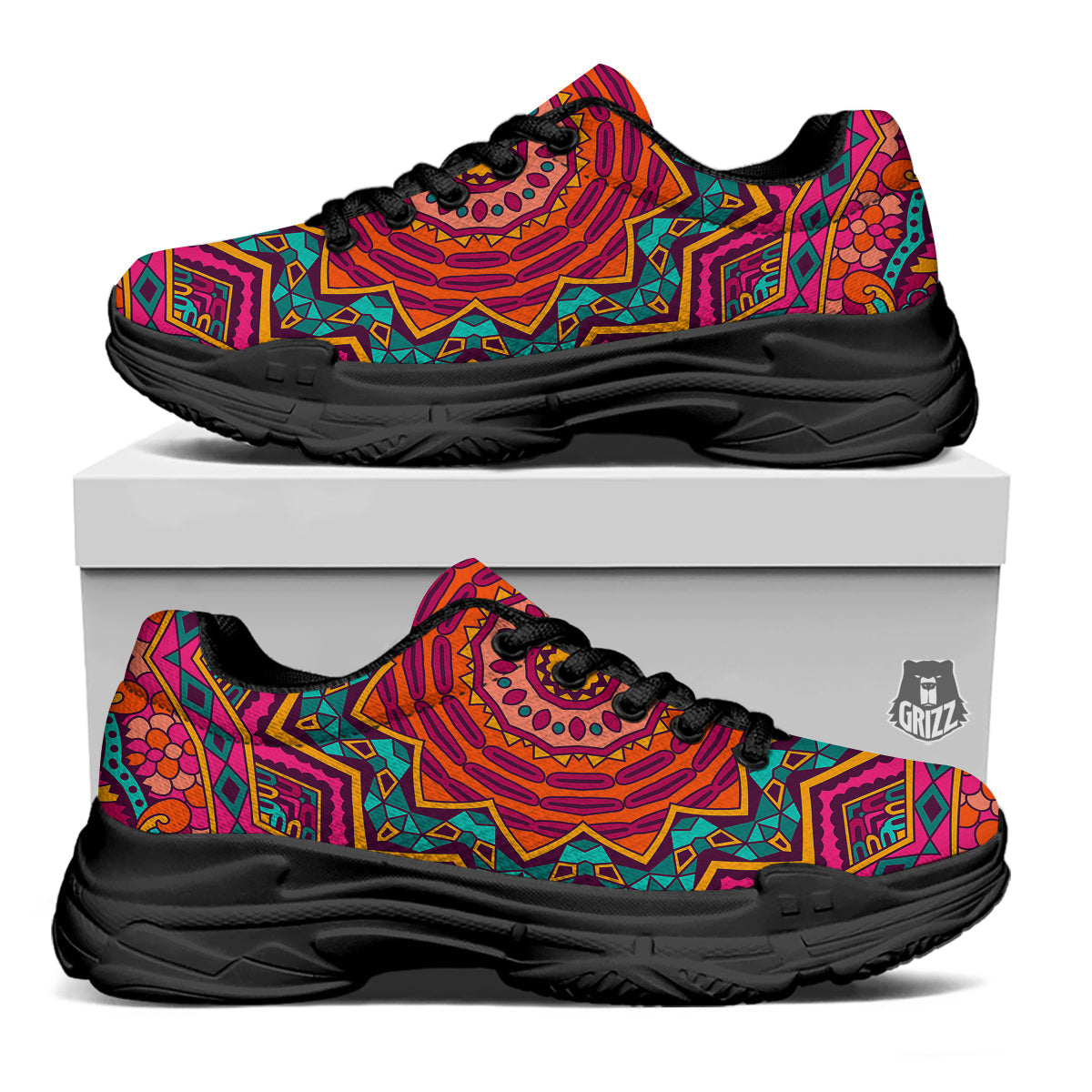 Mandala Colorful Print Black Chunky Shoes-grizzshop