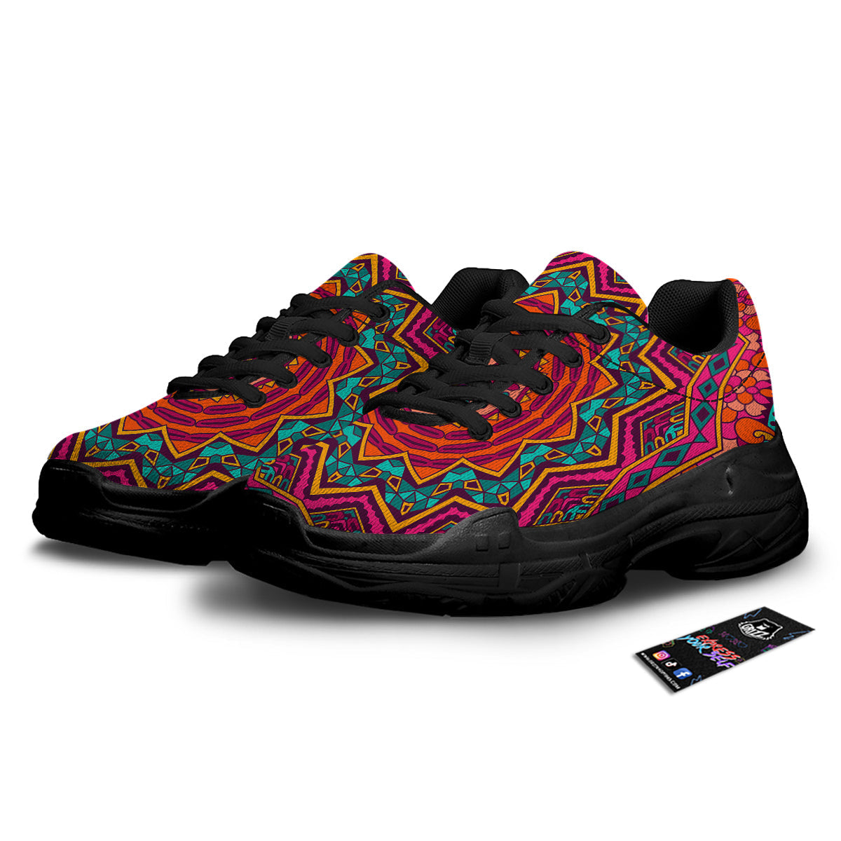 Mandala Colorful Print Black Chunky Shoes-grizzshop