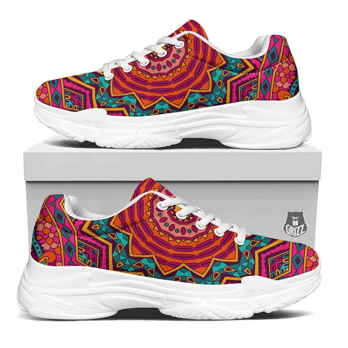 Mandala Colorful Print White Chunky Shoes-grizzshop