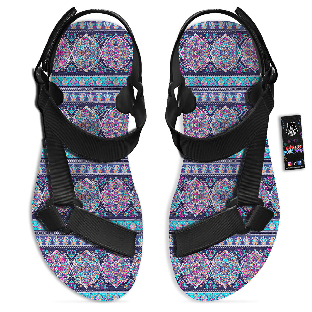 Mandala Ethnic Bohemian Print Pattern Black Open Toe Sandals-grizzshop