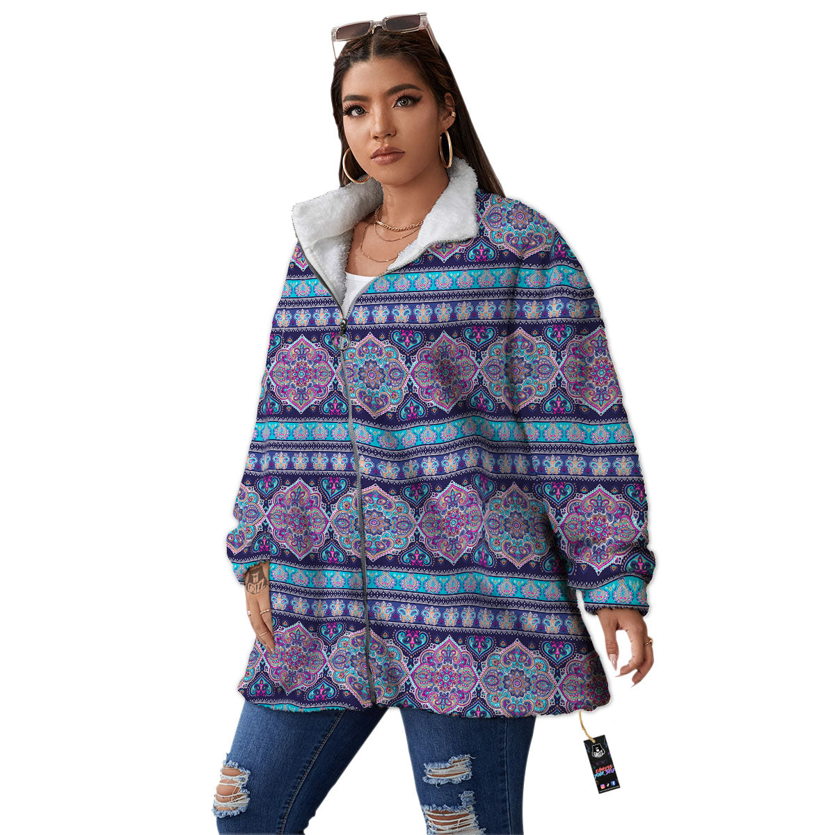 Mandala Ethnic Bohemian Print Pattern Women's Sherpa Jacket-grizzshop
