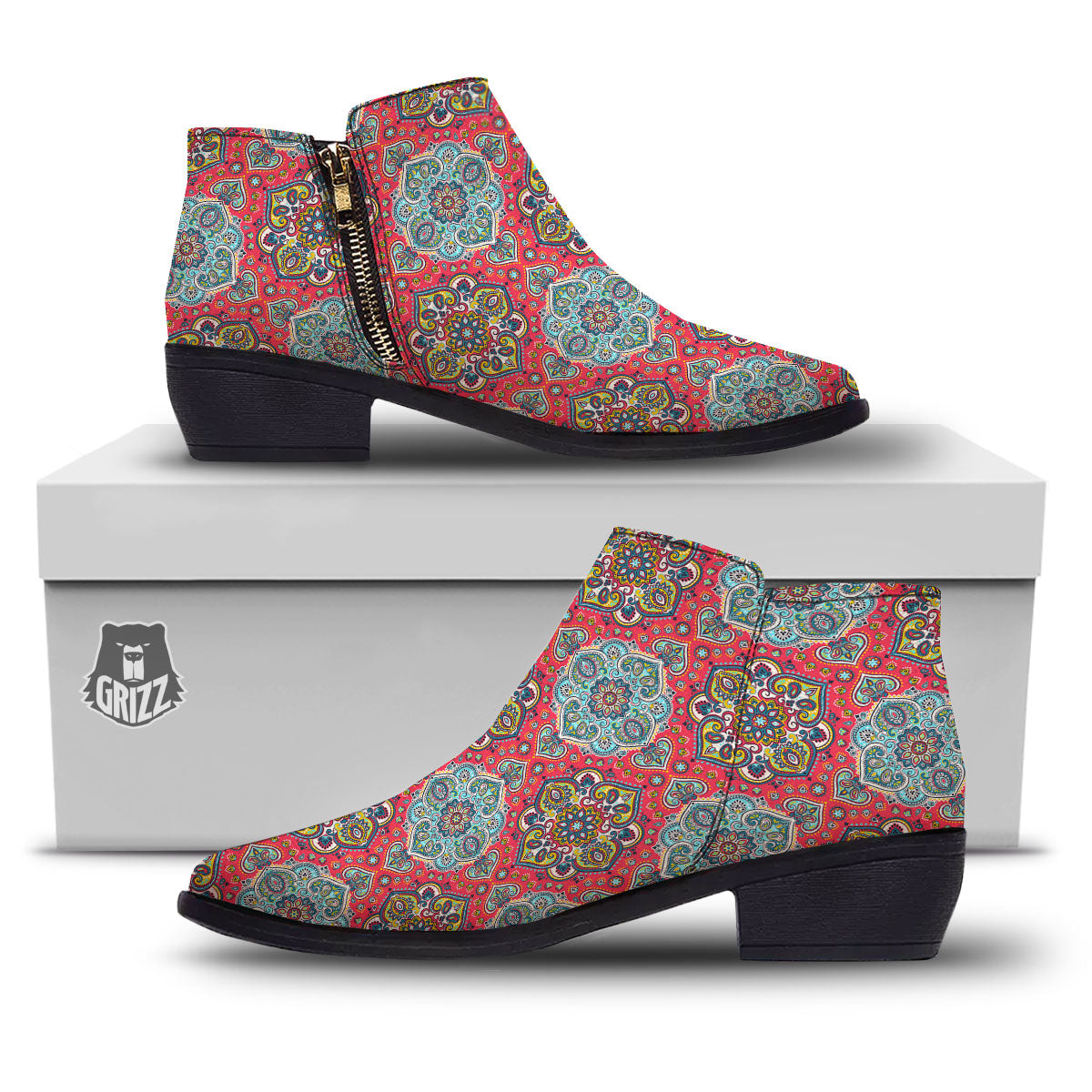 Mandala Floral Paisley Print Ankle Boots-grizzshop