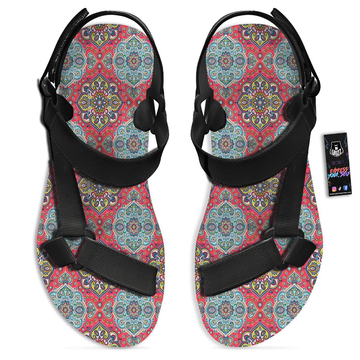 Mandala Floral Paisley Print Black Open Toe Sandals-grizzshop