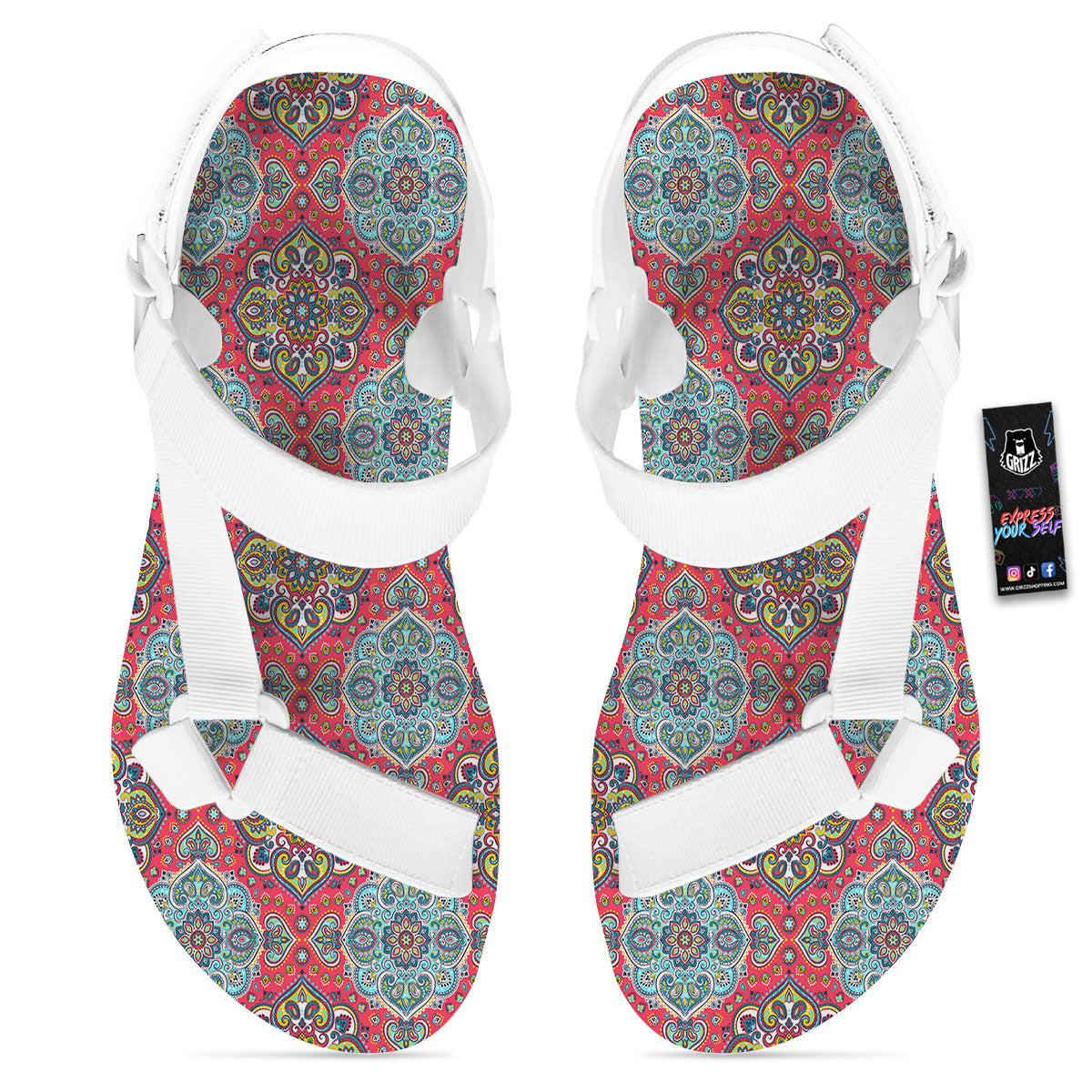Mandala Floral Paisley Print White Open Toe Sandals-grizzshop