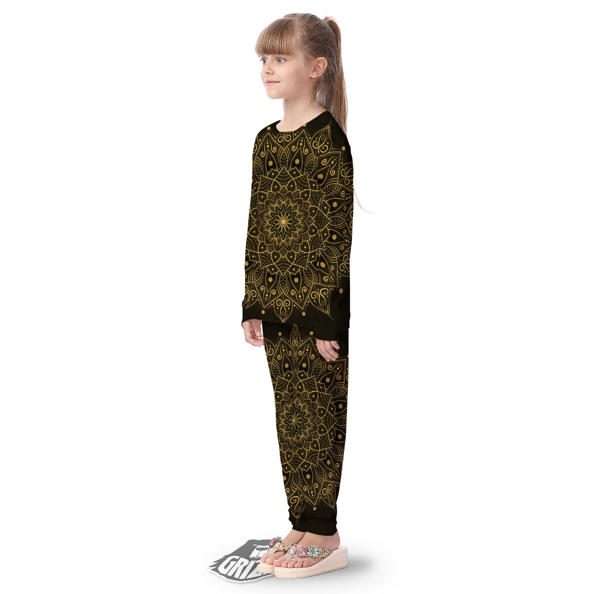 Mandala Gold And Black Print Kid's Pajamas-grizzshop